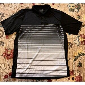 MIZUNO Men's Black - Gray Striped Short Sleeve Golf Polo Shirt Button Down M